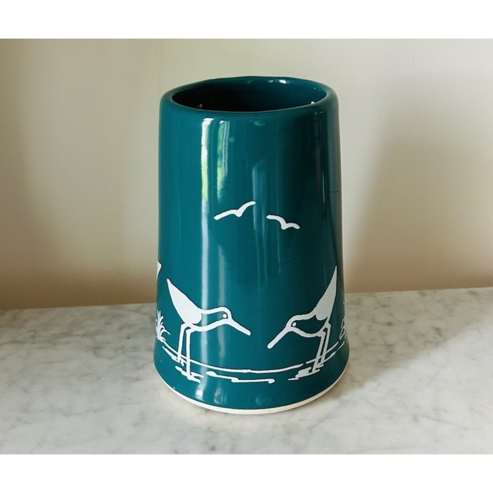 Vintage Sanibel Pottery Stoneware Vase Blue Seagulls and Sandpipers Made In USA